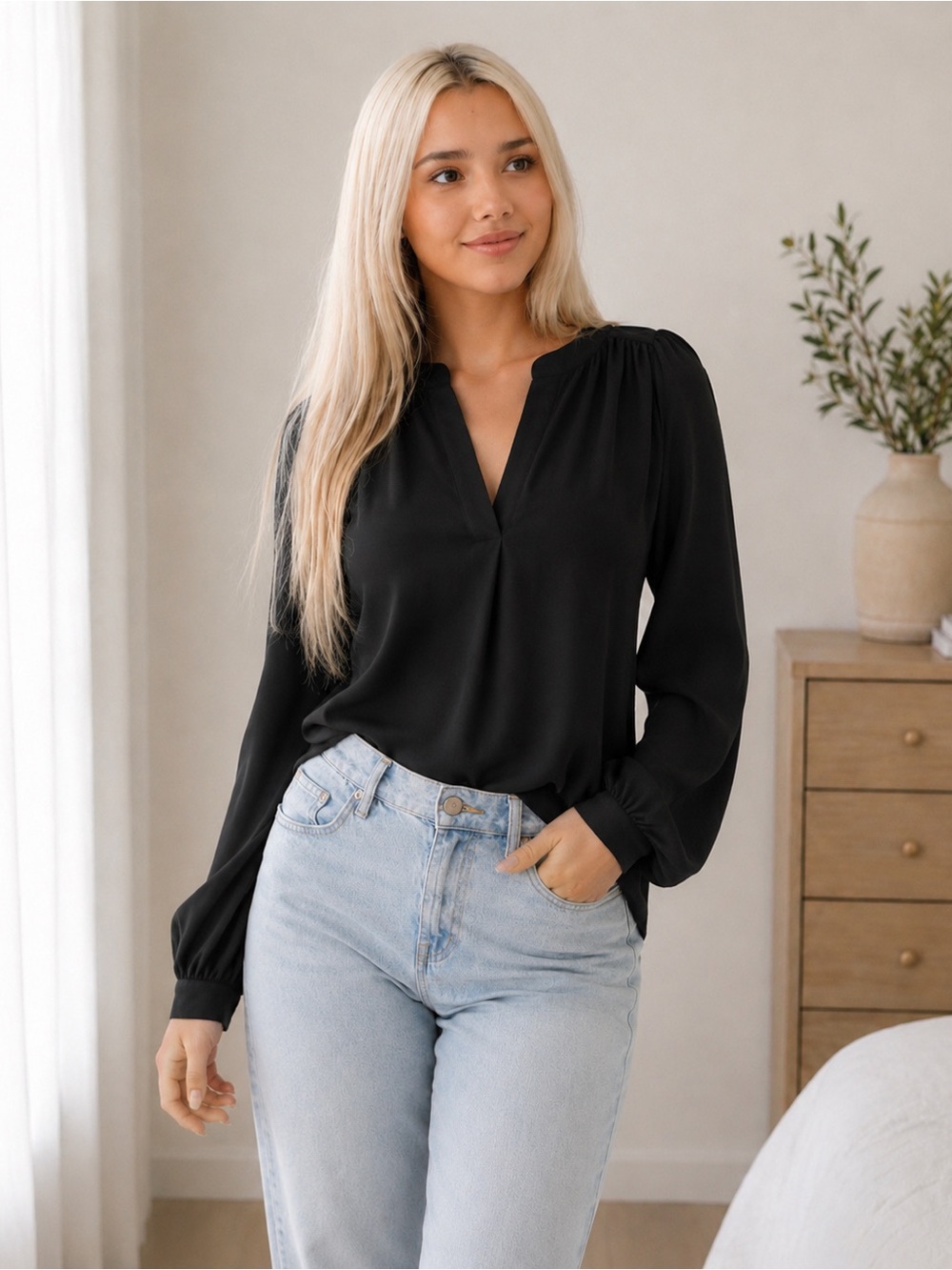 Guess Classic Black V-Neck Long-Sleeve Women's Top
